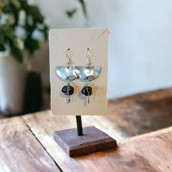 Hand Crafted Jewelry - Silver with Clear Black Beaded Earrings - NEW